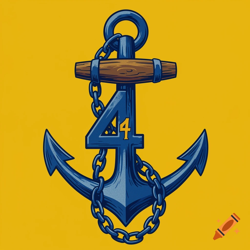A stylized blue anchor with the number 4 on it against a yellow background.