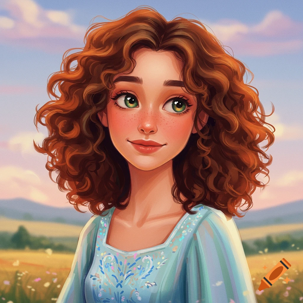 A young woman with curly red hair, green eyes, and freckles, smiling in a field.