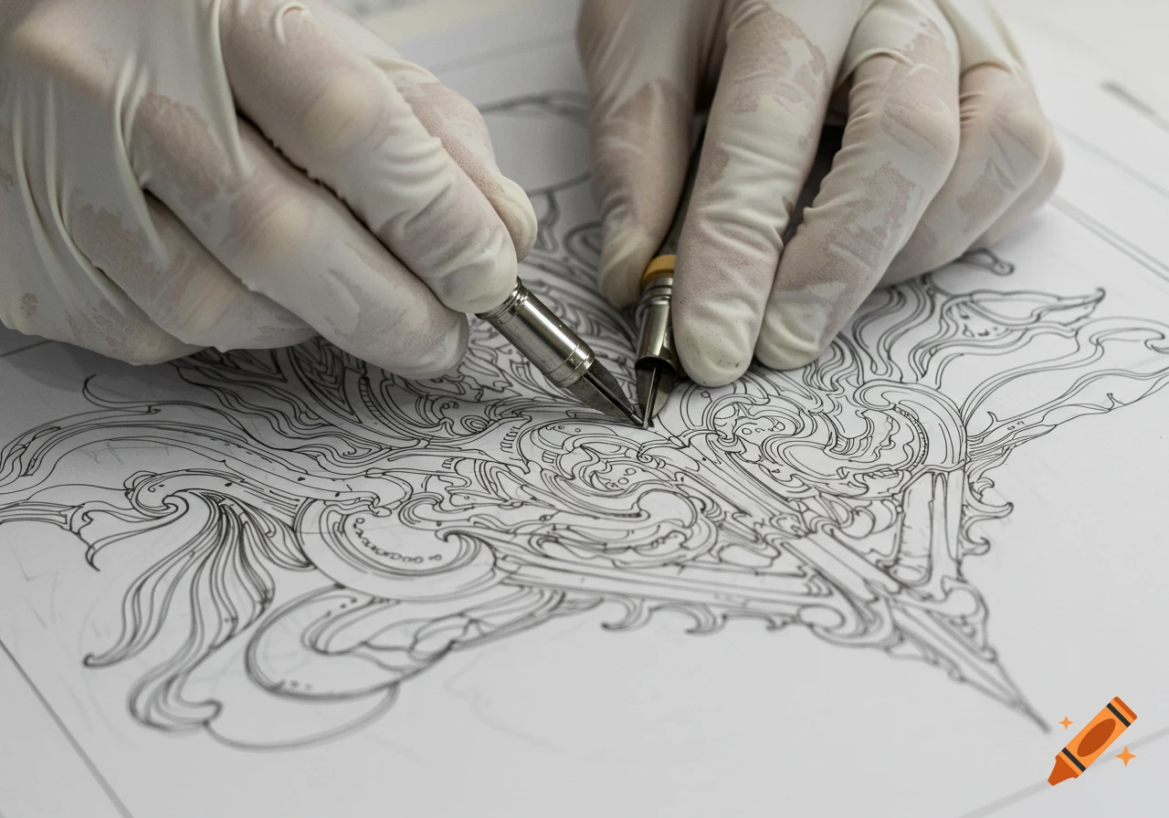 Close-up of gloved hands drawing an intricate black and white design.