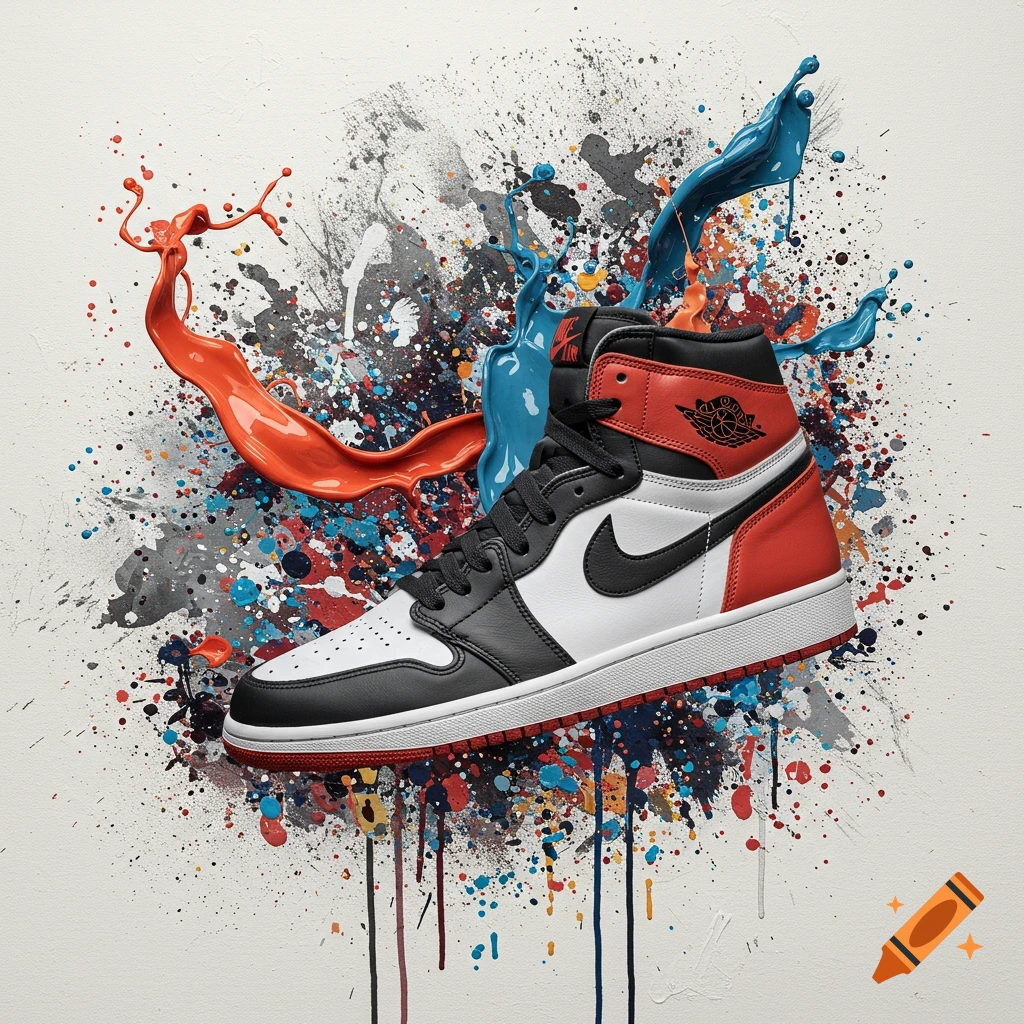 A high-top sneaker surrounded by colorful paint splatters on a white background.