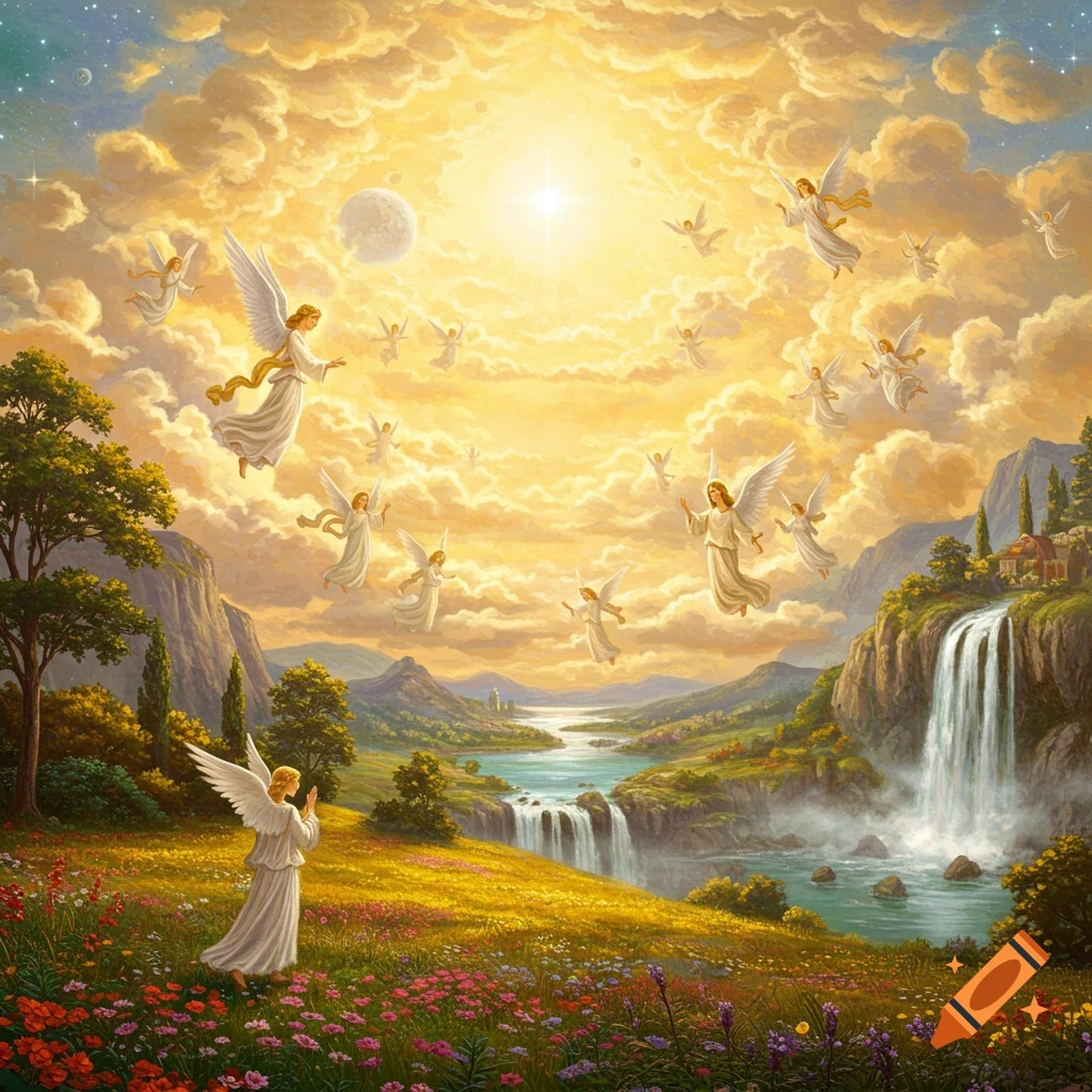 Angels fly in a radiant sky above a lush valley with waterfalls
