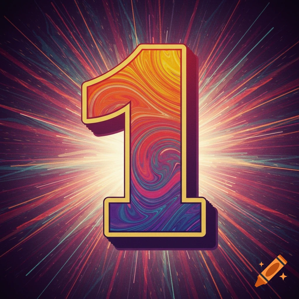 Stylized number 1 with colorful swirls against a background of light bursts.