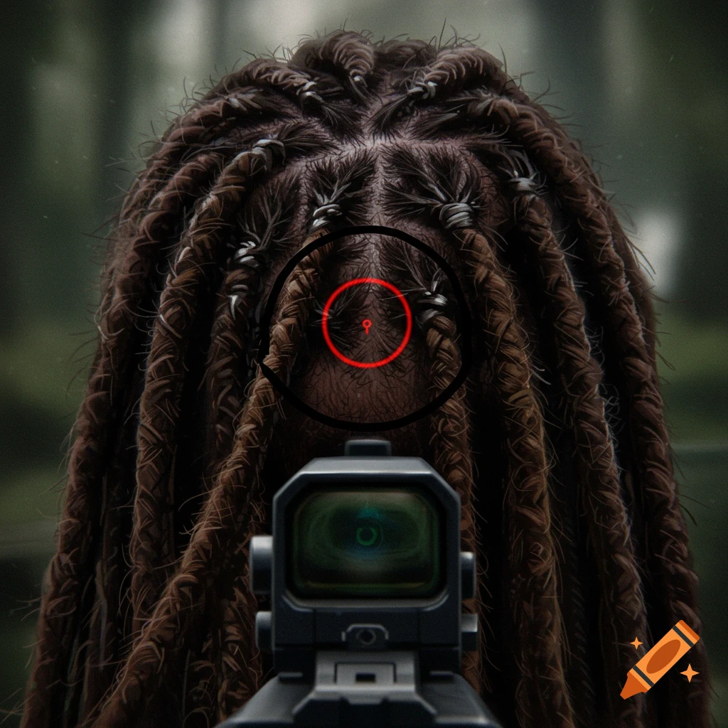 Back of a head with dreadlocks viewed through a red dot scope.