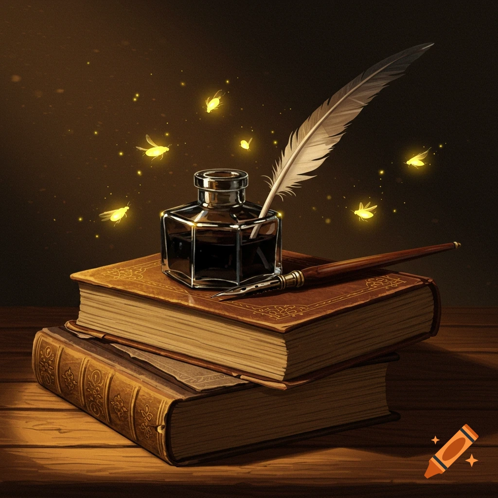 An ink bottle, quill, and stacked books are shown with glowing fireflies.
