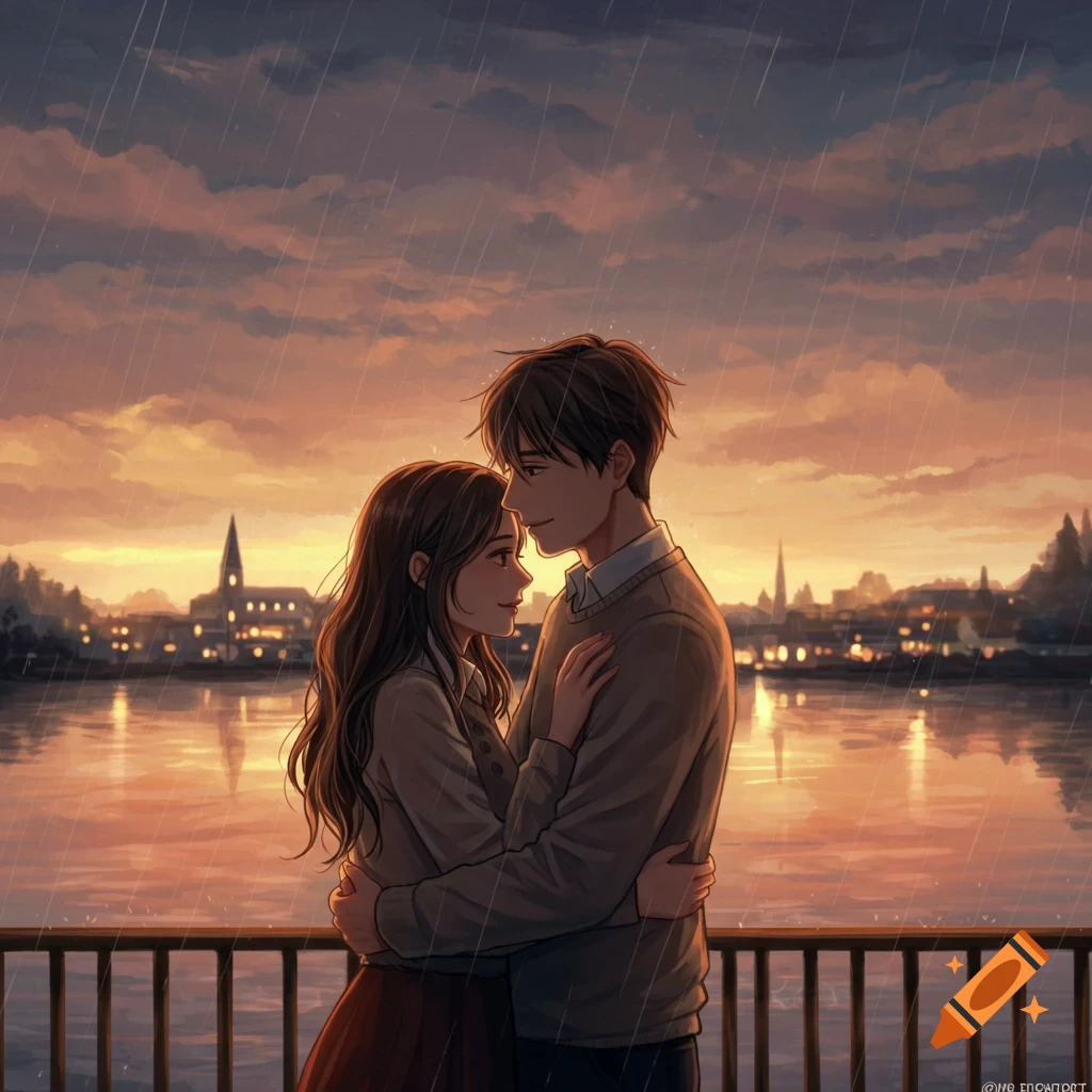Anime couple embraces in the rain overlooking a city skyline at sunset.
