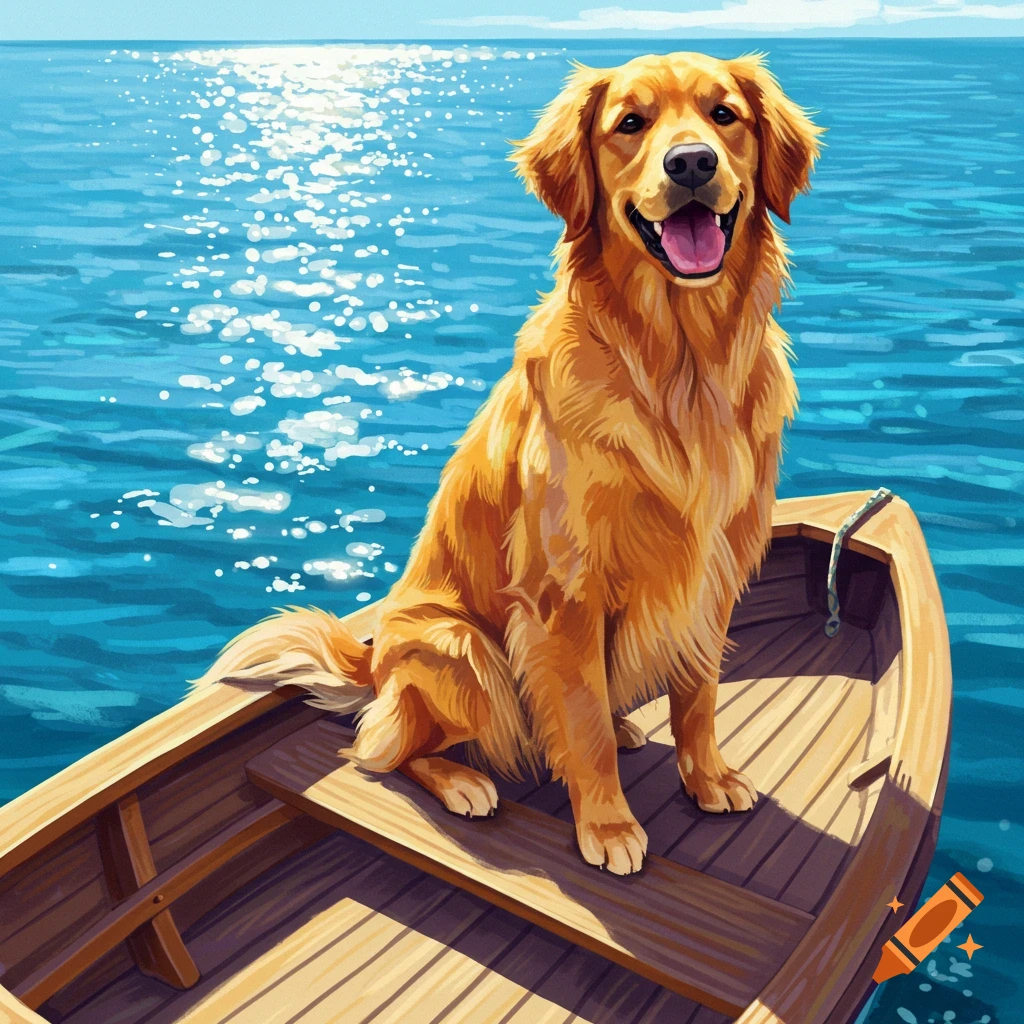 A golden retriever sitting happily on a wooden boat in the bright blue ocean