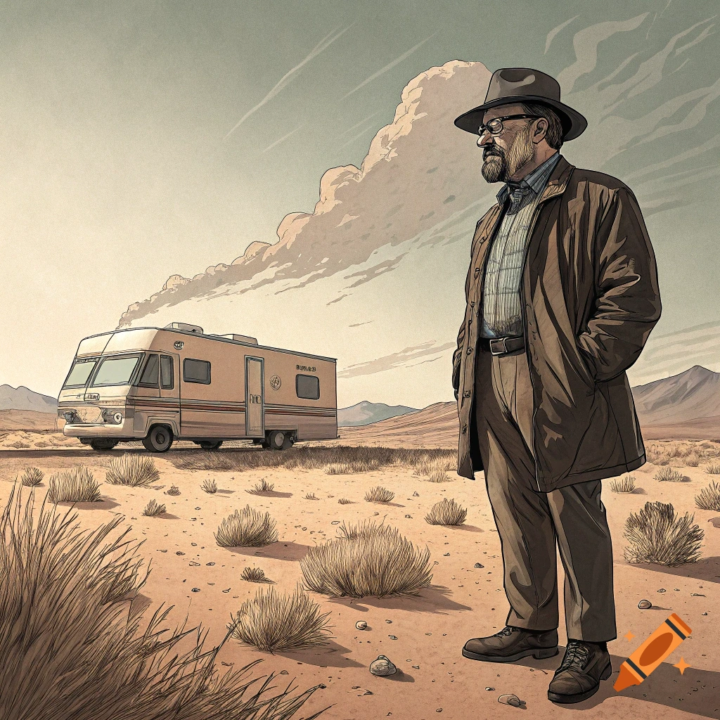 A man in a hat and coat stands in a desert with an RV behind him, in a graphic novel style.