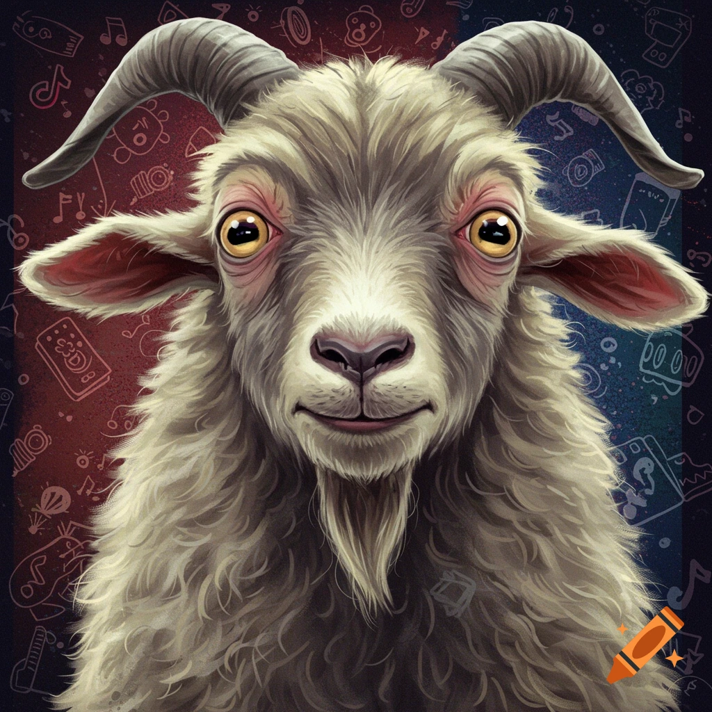 A semi-realistic image of a goat's head with expressive eyes against a colorful, doodle-filled background.