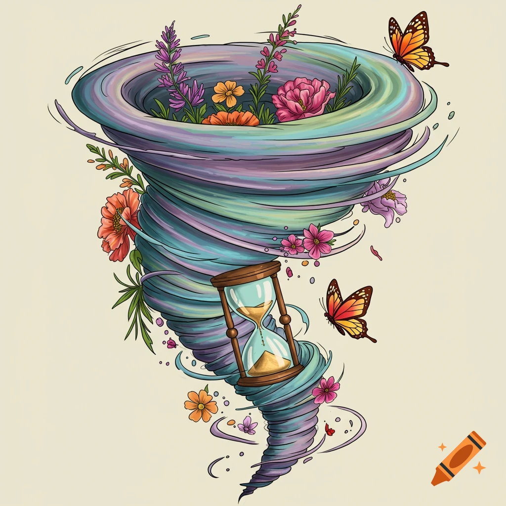 A stylized illustration of a tornado filled with flowers, an hourglass, and butterflies.