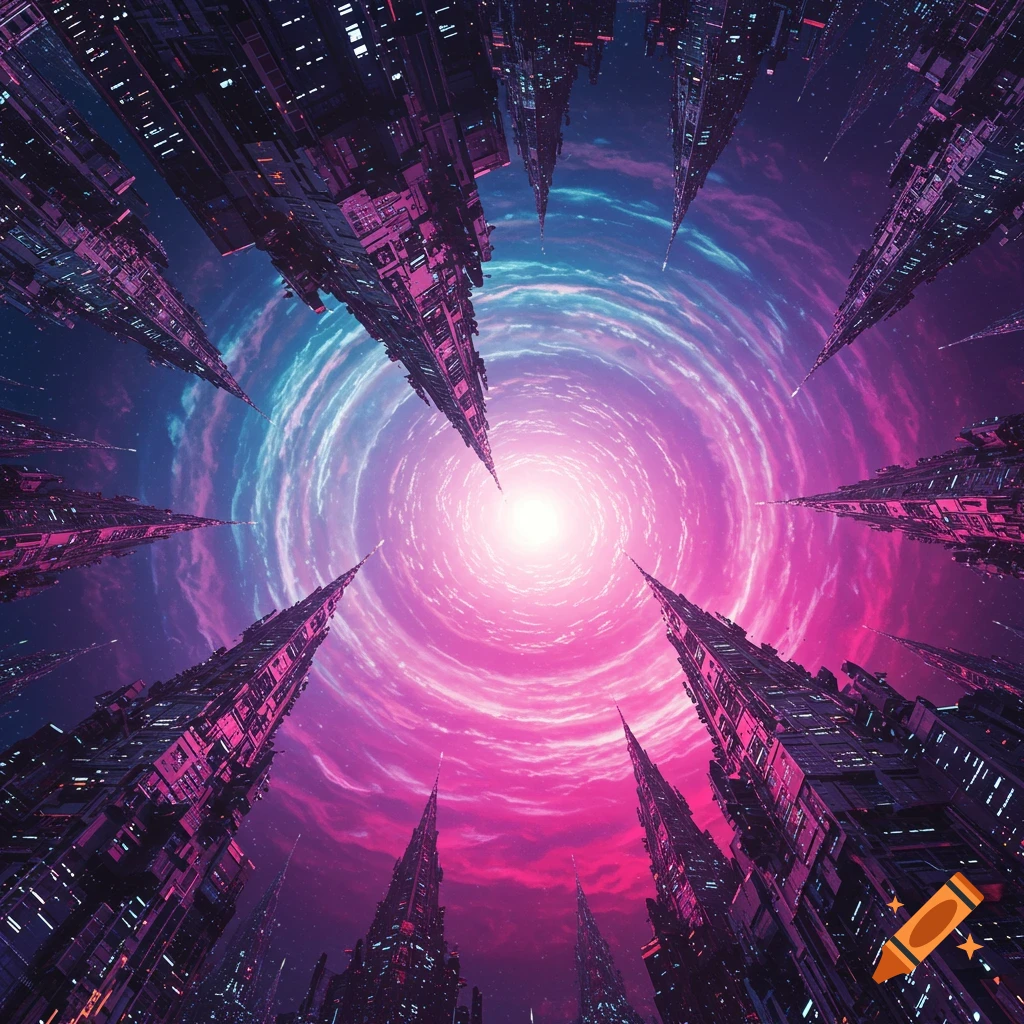 A city skyline with futuristic spire buildings reaching towards a swirling pink and purple vortex in the sky.