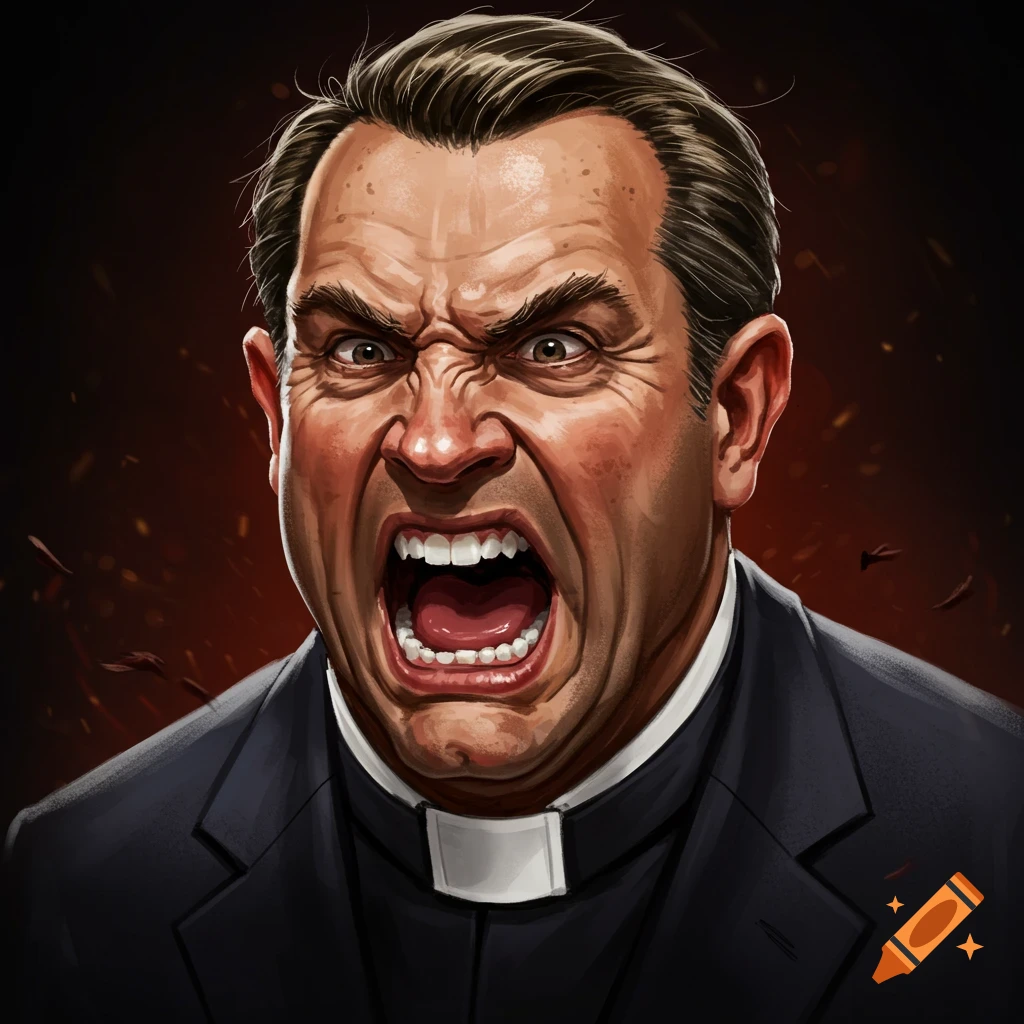 An angry man in a dark suit and white clerical collar yelling.