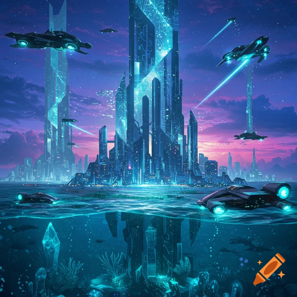 A futuristic city built on water, with spaceships flying above and glowing structures below the surface.