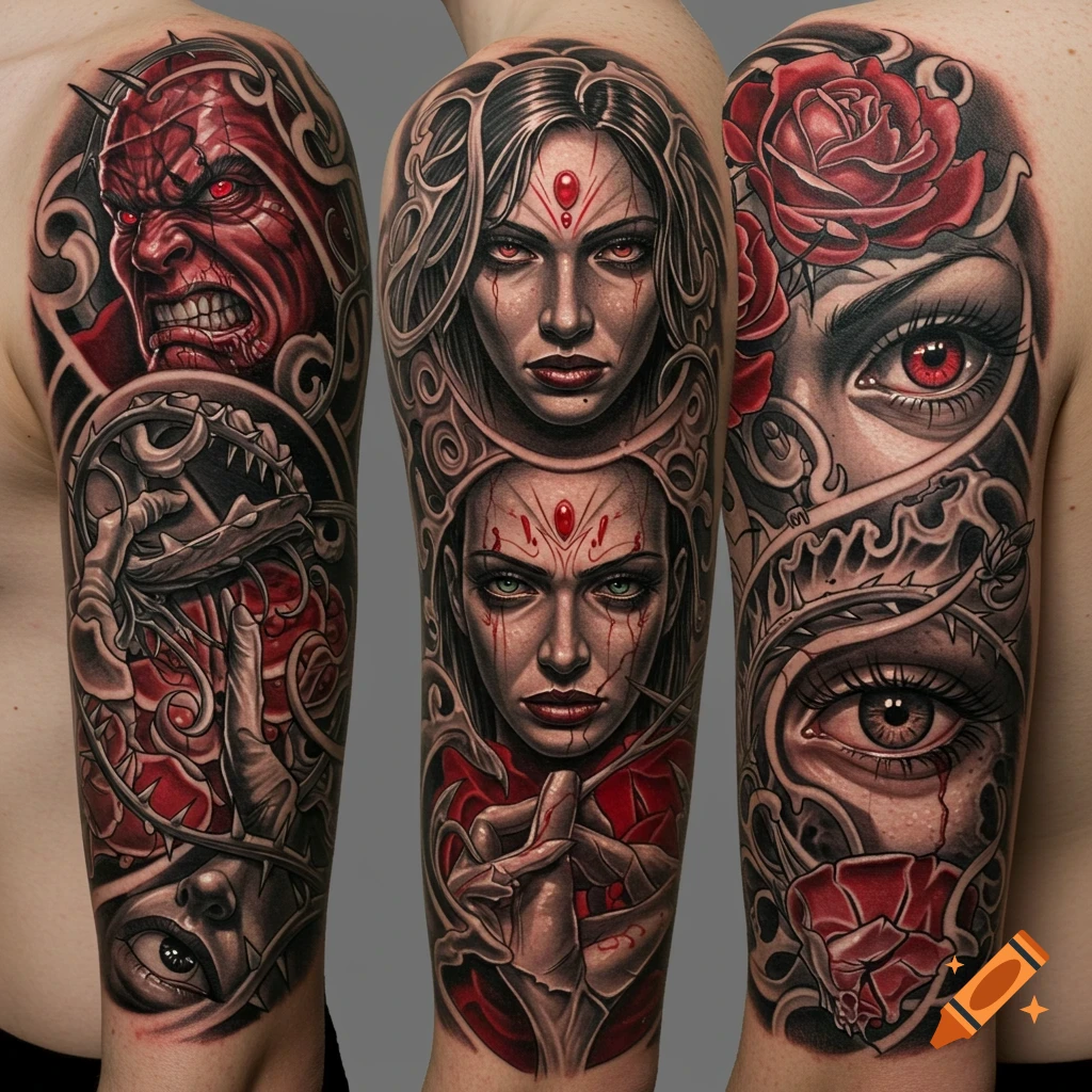 A detailed tattoo sleeve design featuring multiple intense faces, eyes, hands, and roses in red, black, and grey.