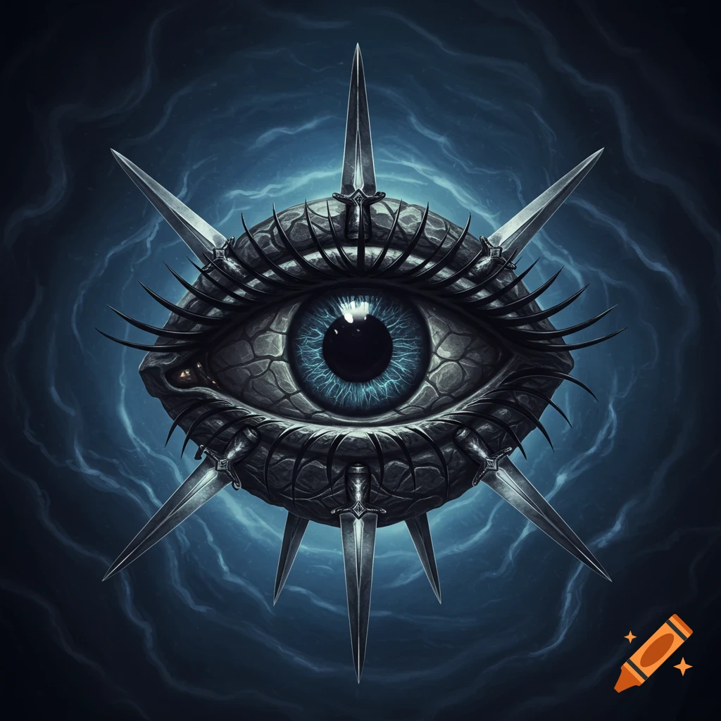A stone eye with a blue iris is surrounded by stiletto daggers arranged like eyelashes against a dark, stormy background.