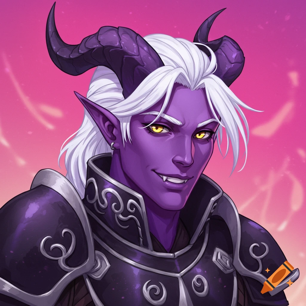 A male tiefling character with purple skin, white hair, and yellow eyes in an anime style.