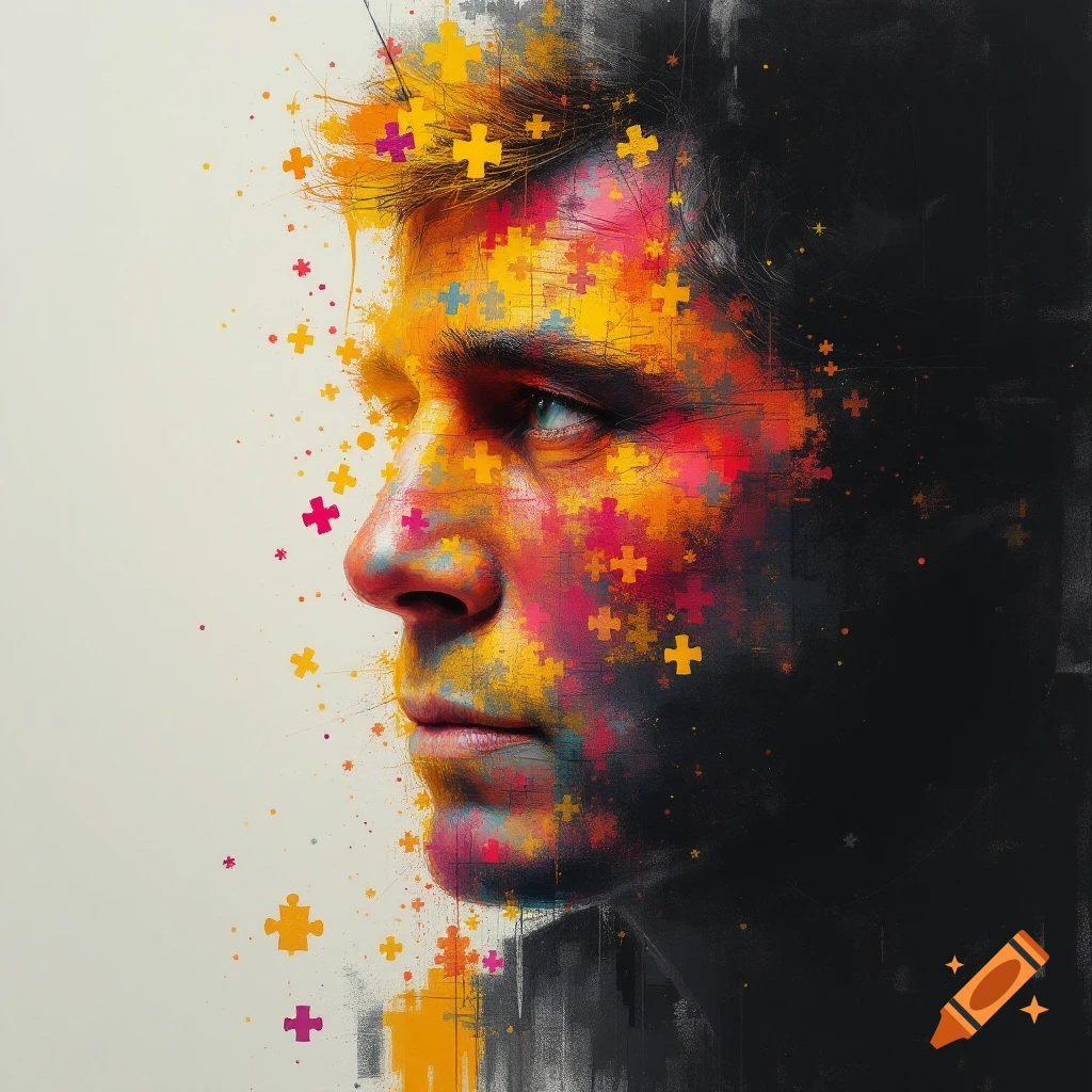 A man's face in profile made of colorful puzzle pieces and paint splatters.