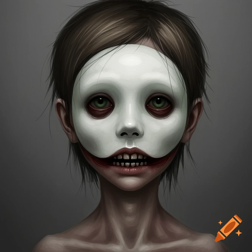 A gaunt person wears a white mask with wide green eyes and a bloody smile.