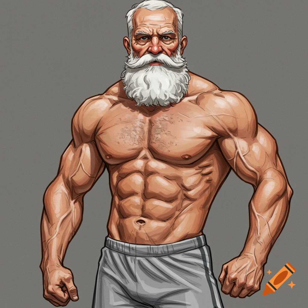 Detailed drawing of a muscular elderly man with a white beard in grey shorts.