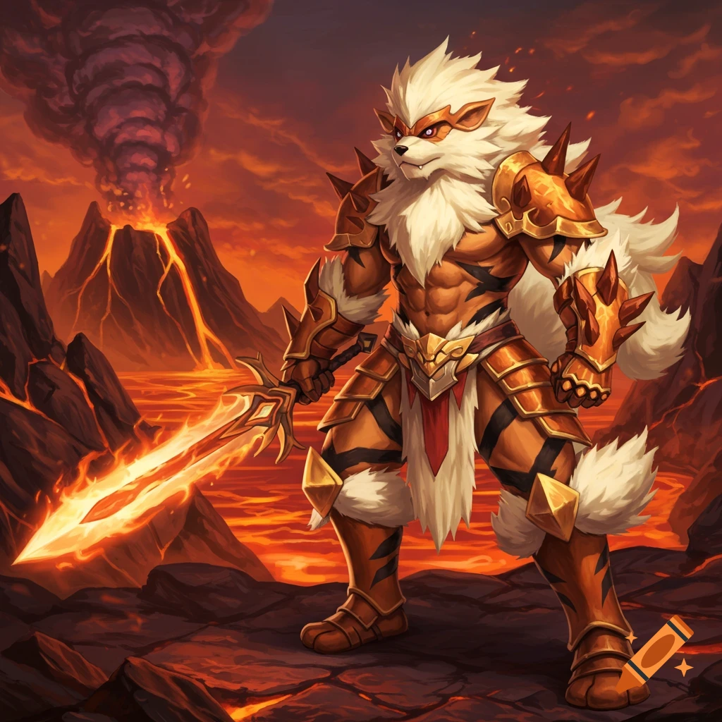 Painting of a warrior resembling Arcanine, armored and holding a sword in a volcanic landscape.
