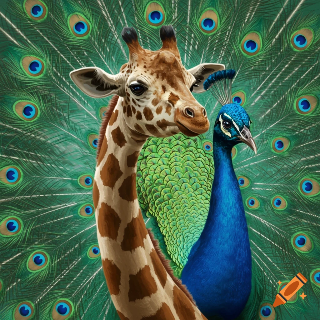 A giraffe-peacock hybrid with a fanned tail.