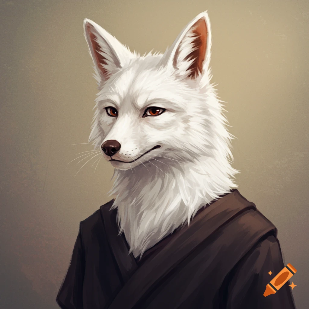 An anthropomorphic white fox in a dark robe.