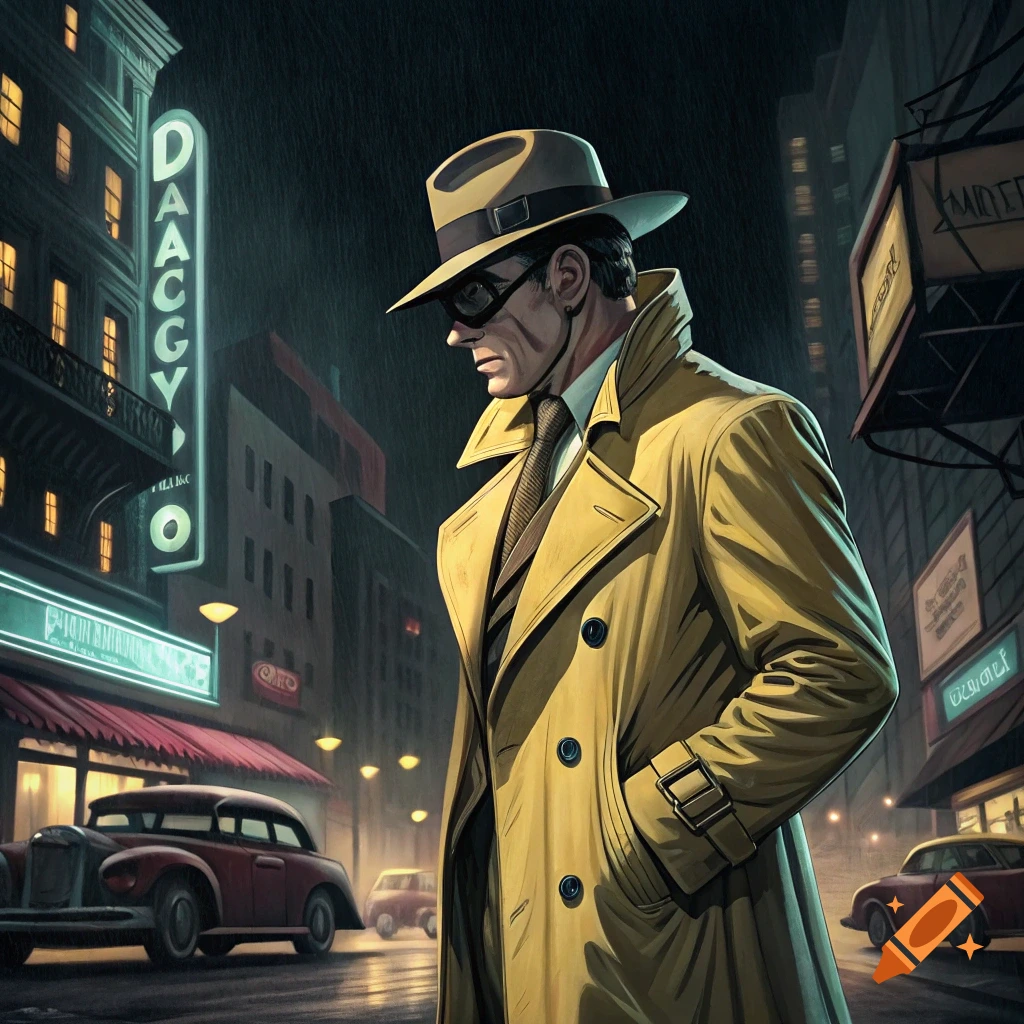 A man in a fedora and trench coat stands on a rainy city street at night.