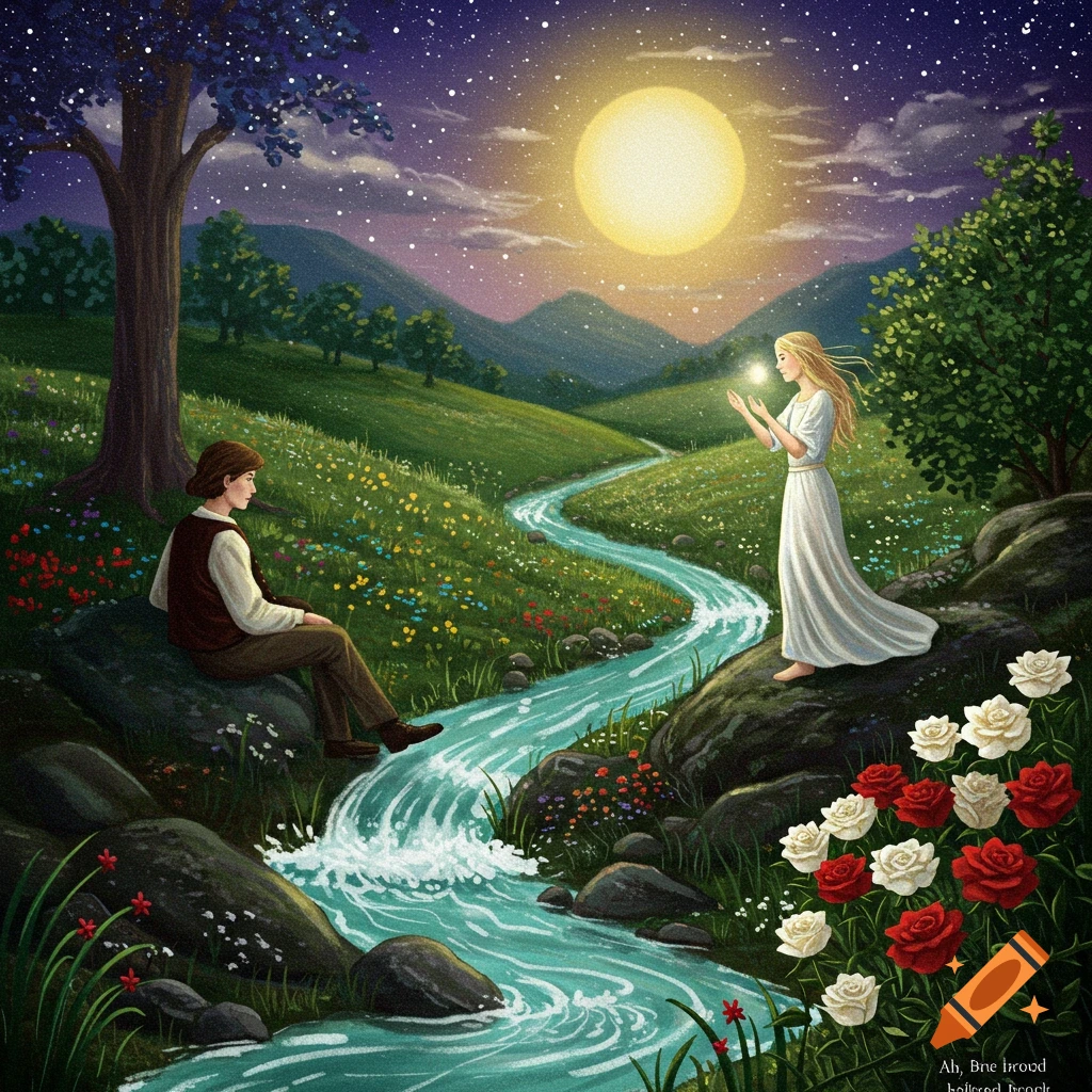 A man and woman are by a river at night under a full moon and starry sky with flowers.