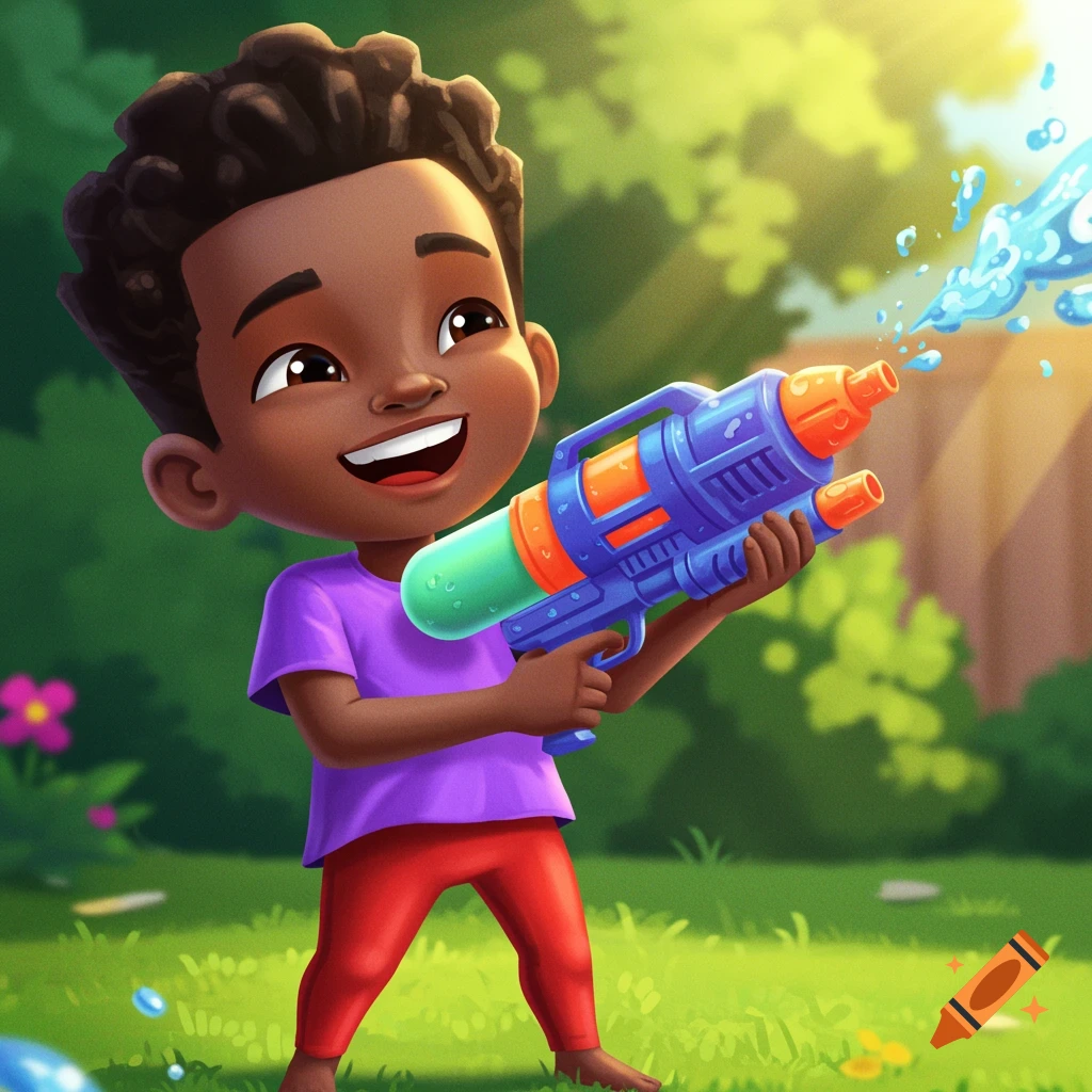 A cartoon of a joyful young Black boy with a water gun in a sunny backyard.