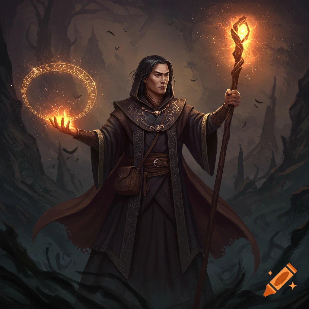 A mage casting a spell with a glowing ring and staff in a dark fantasy setting.