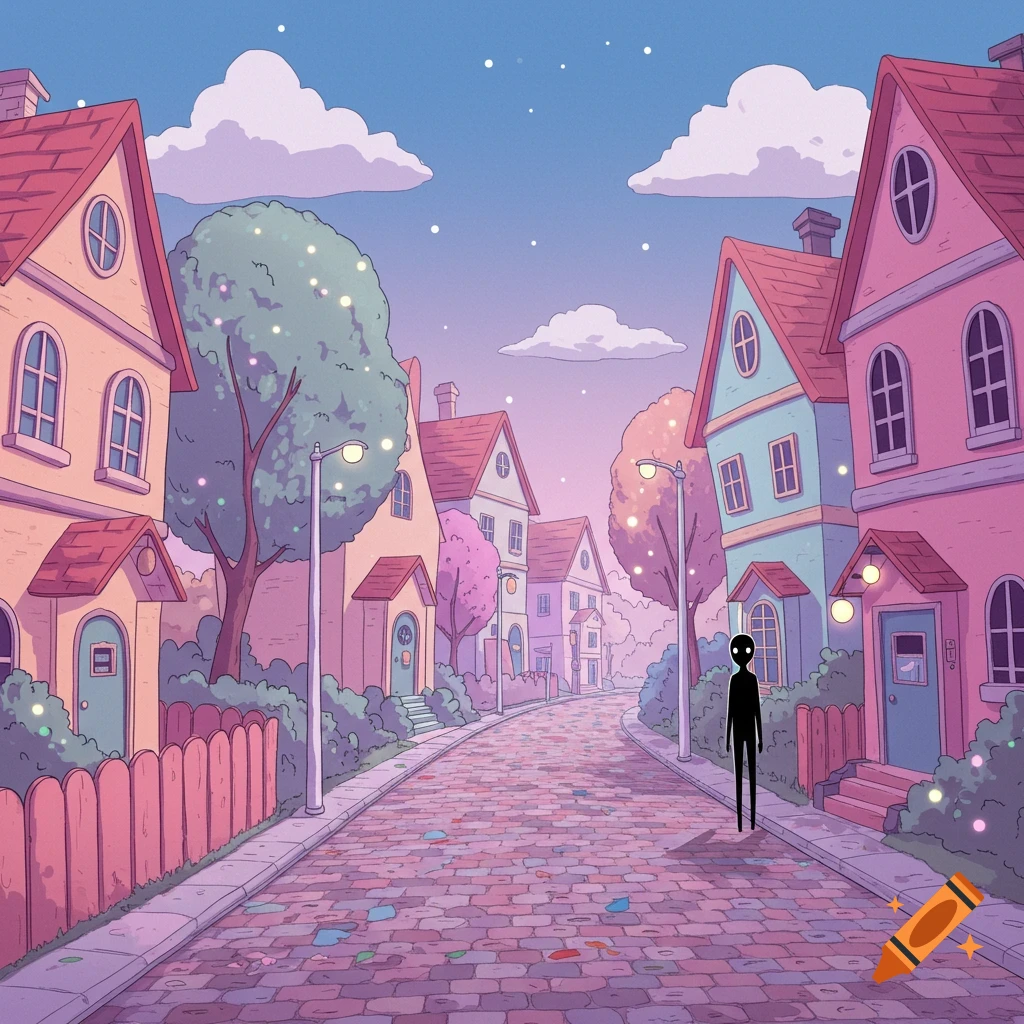 A pastel neighborhood street with colorful houses and a tall black figure watching.