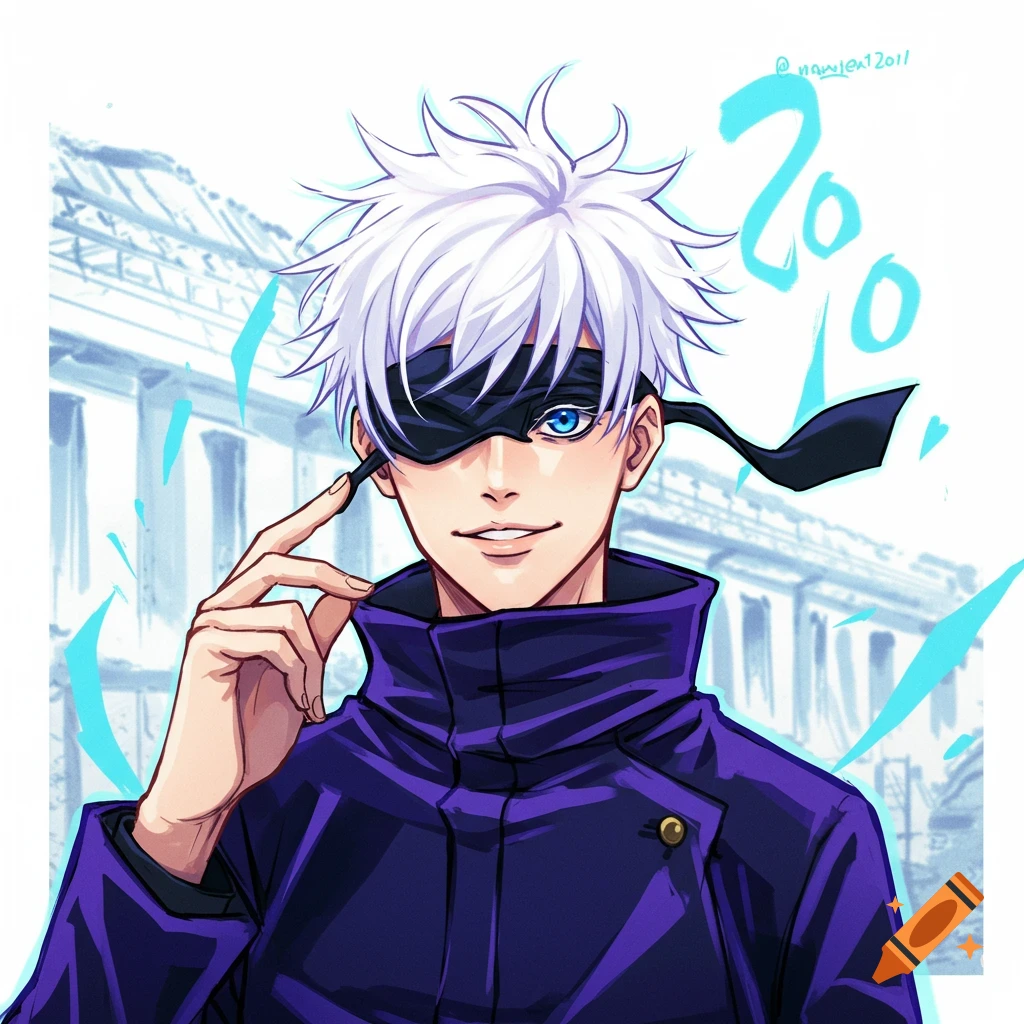 An anime man with white hair and blue eyes, wearing a blindfold and dark jacket, is pulling at the blindfold.