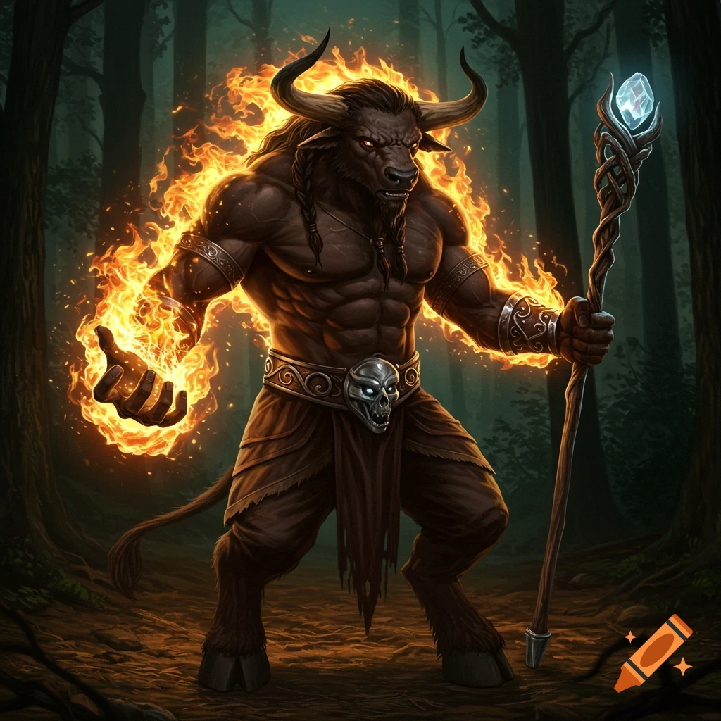 Minotaur Druid surrounded by fire, holding a staff in a forest.