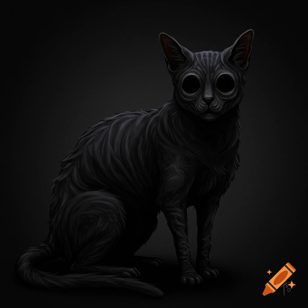 A dark stylized black cat with large black eyes sits against a black background.