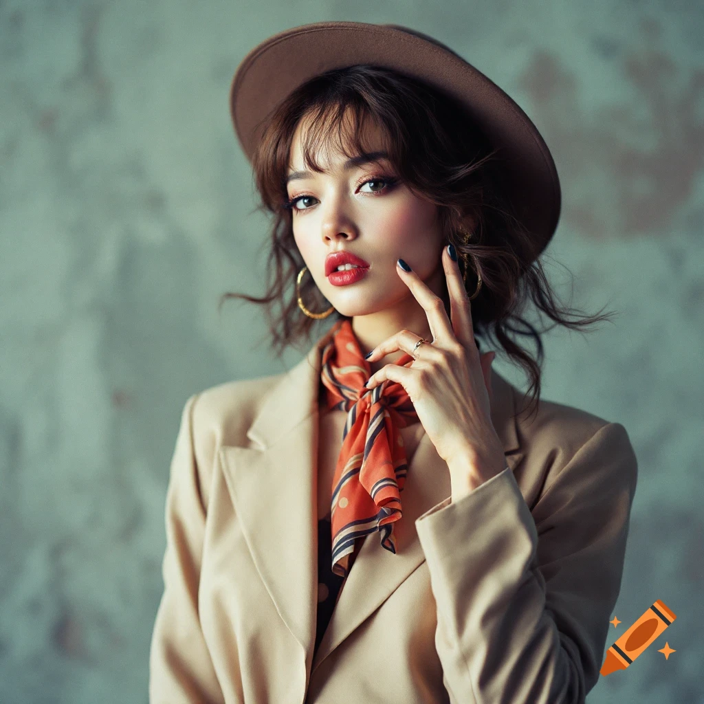 Portrait of a woman in a hat, blazer, and scarf