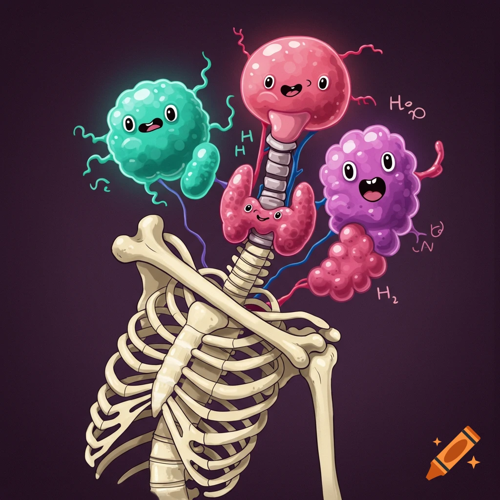Cartoon skeleton with cute anthropomorphic organs and chemical symbols.