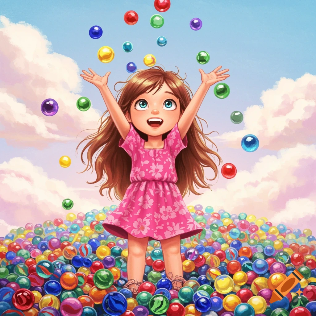A vibrant image of a joyful young girl standing in a pile of colorful marbles, tossing some into the air.
