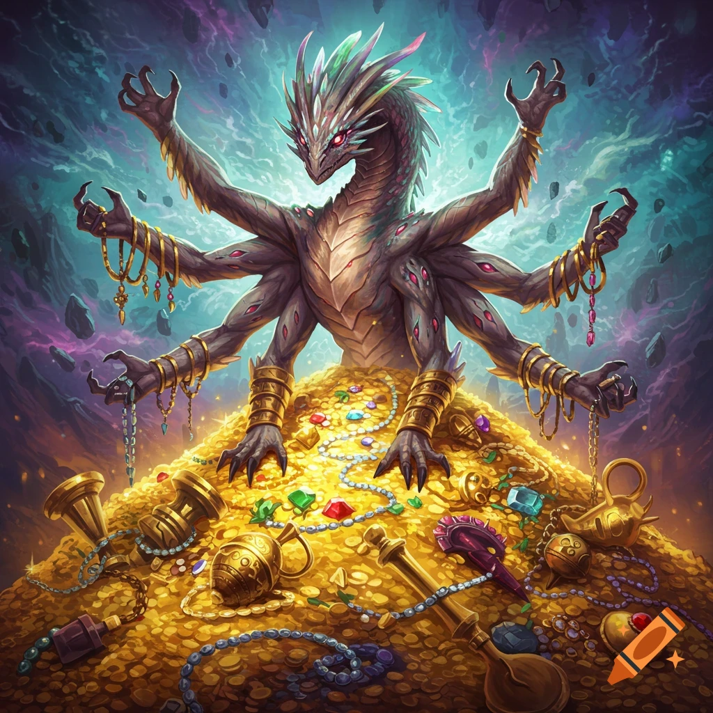 Multi-armed fantasy creature sits on a pile of gold and jewels.
