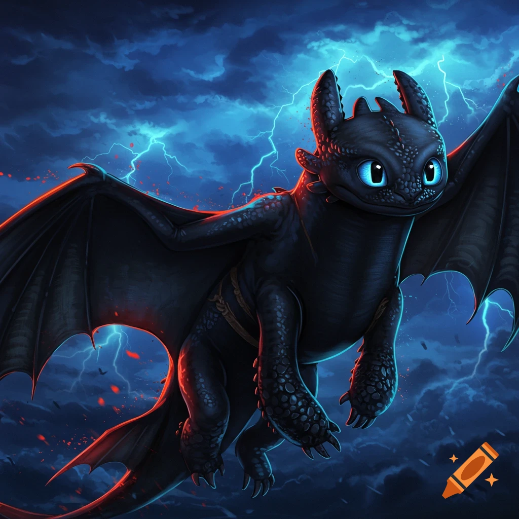 A black dragon flies through a stormy sky with lightning.