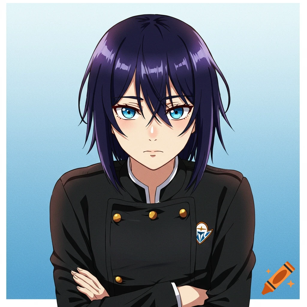 Anime portrait of a character with dark hair and blue eyes in a black uniform.