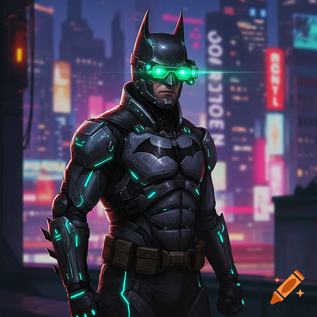 A futuristic Batman in dark armor with green goggles stands in a neon cyberpunk cityscape.