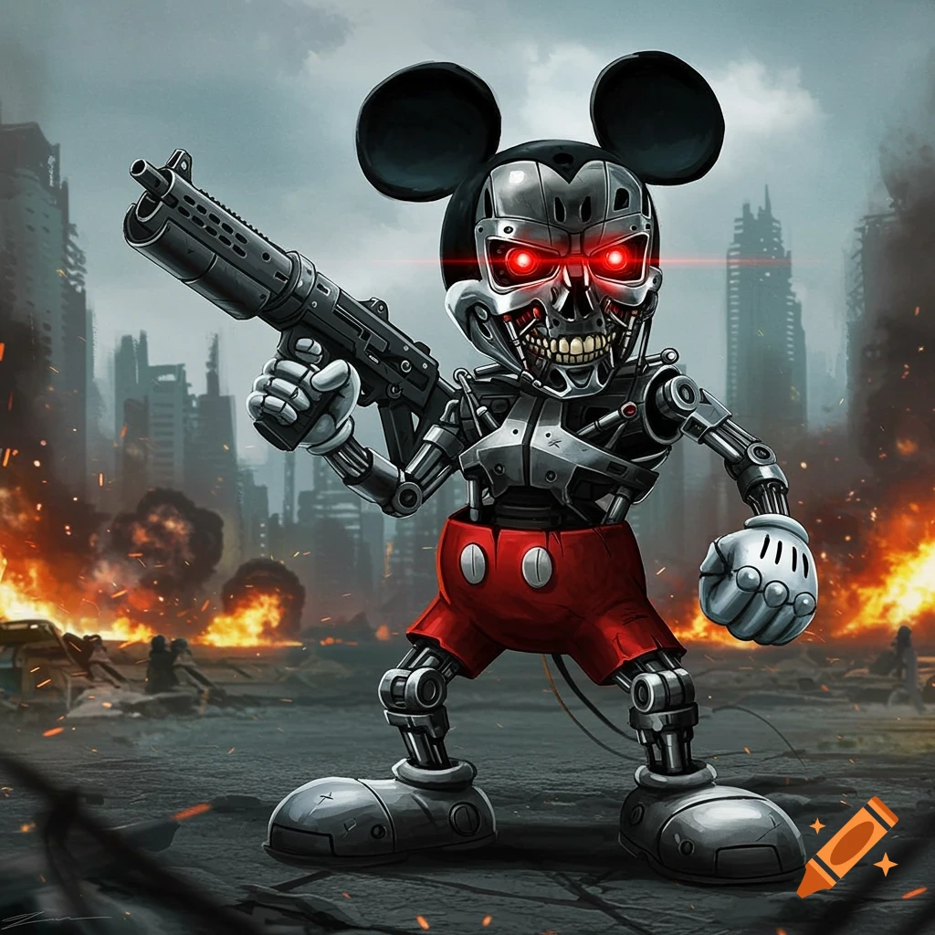 Terminator Mickey Mouse robot holds a gun in a destroyed city.