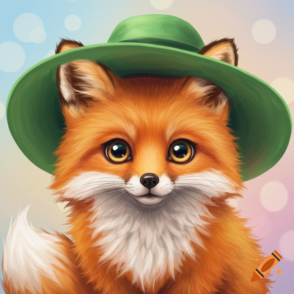 A cute fox wearing a green hat.