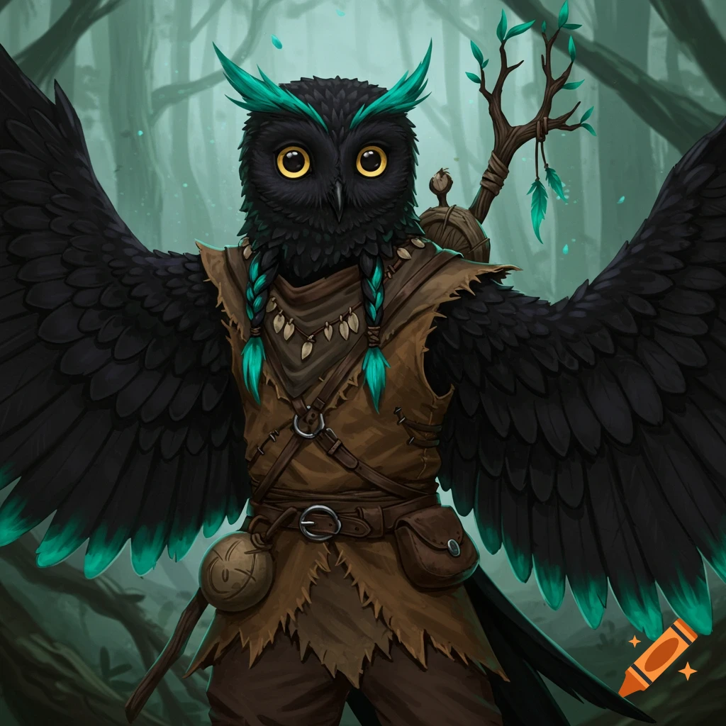 A fantasy portrait of an Owlin Druid character with black and teal feathers in a forest.