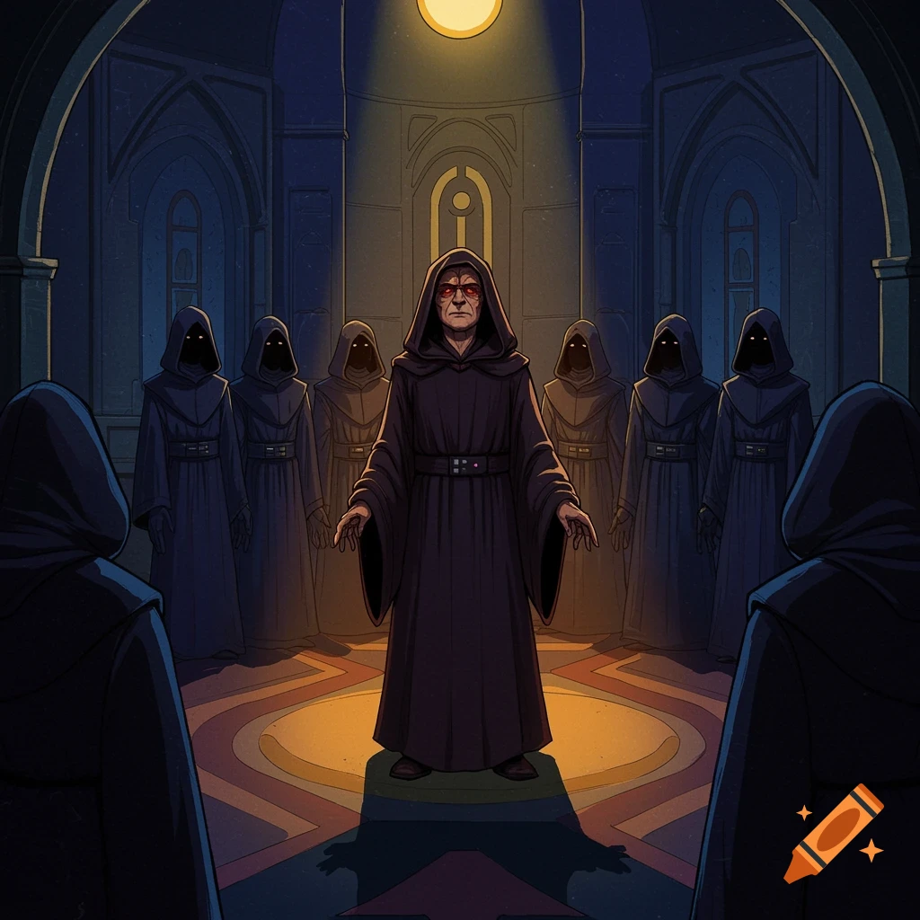 A man in a dark robe is surrounded by hooded figures in a gothic chamber.