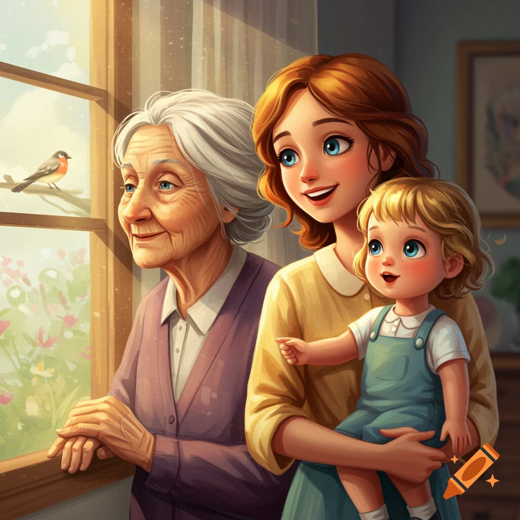 Grandmother, mother, and child looking out a window at a bird.