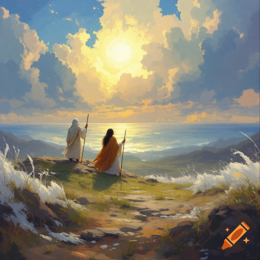 Two robed figures with staffs look over a sunny sea and mountain landscape from a hilltop.