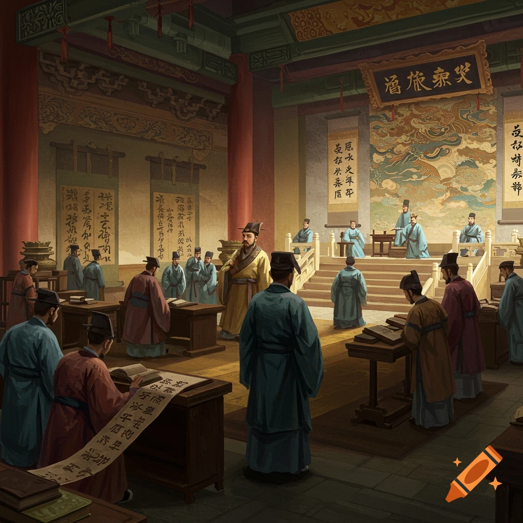 Men in ancient Chinese robes reading scrolls and gathered in a large hall with banners and ornate decorations, perhaps an examination or court scene.