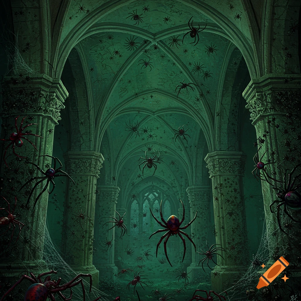 A crypt interior overrun with spiders and webs
