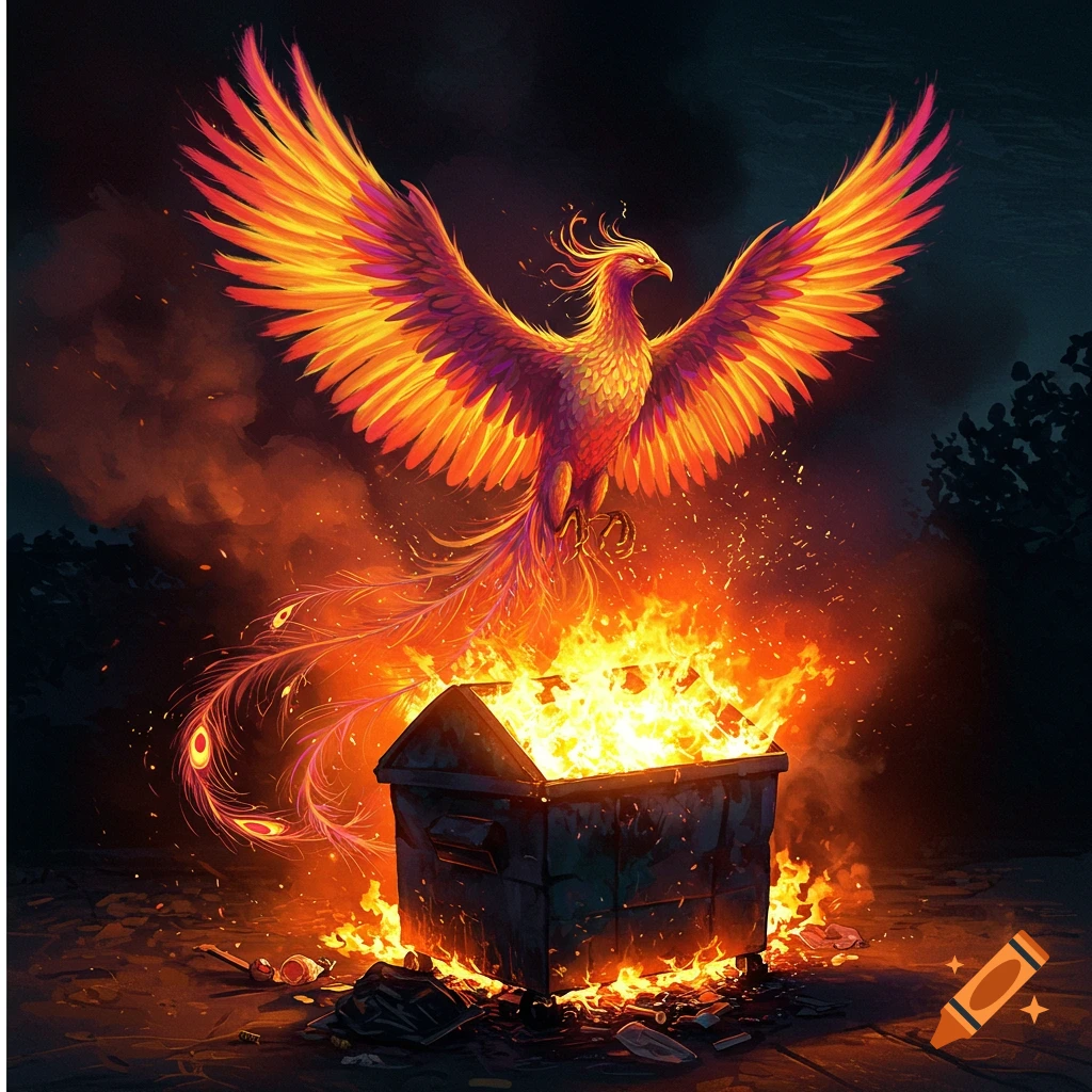 A vibrant phoenix rising from a flaming dumpster at night.