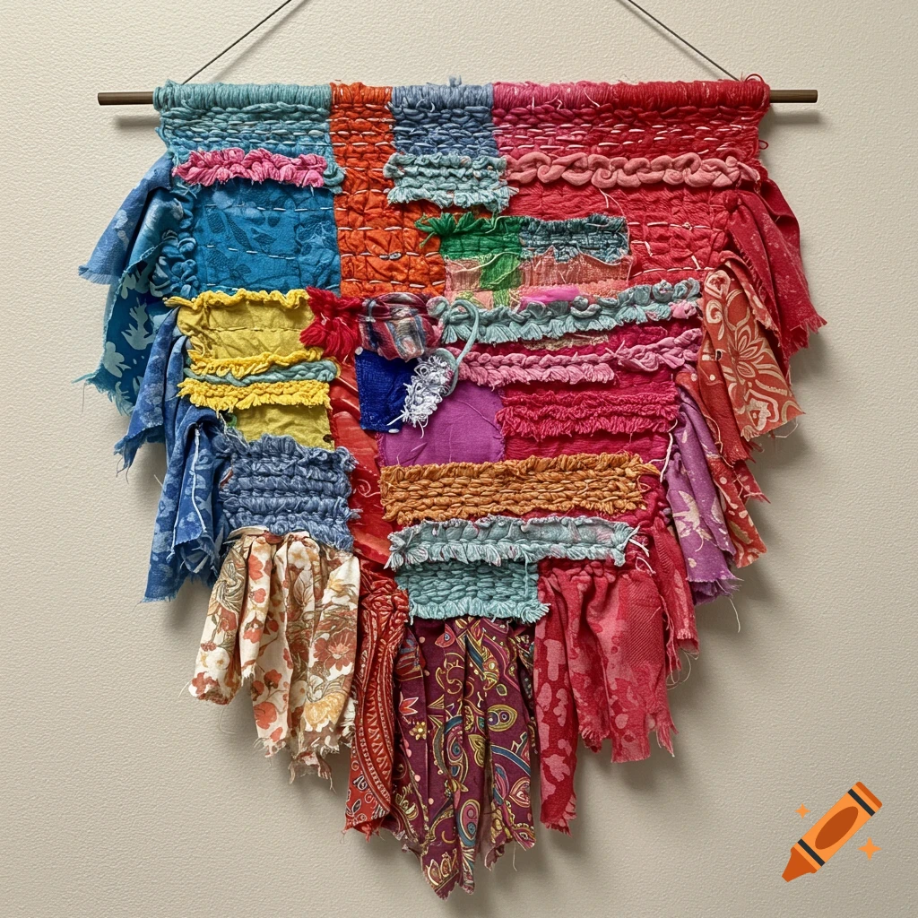 Colorful textile wall hanging made from various fabric scraps and yarn.